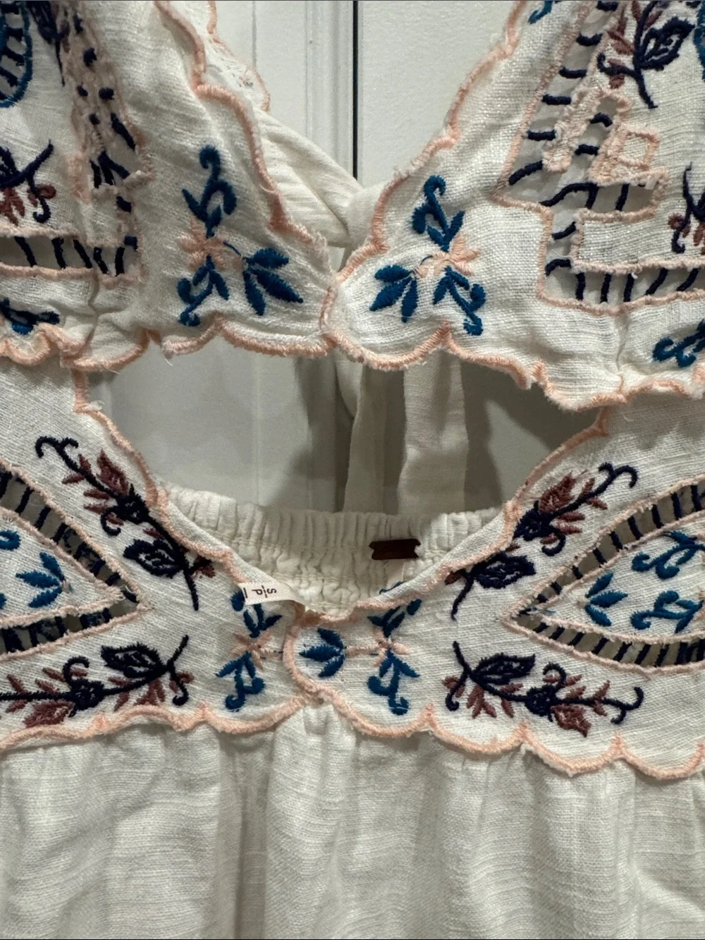 Free People White Mini Dress with Blue and Pink Paisley Embroidery